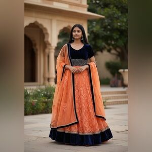 Indian Designer Light Orange and Navy Blue Velvet & Net Anarkali